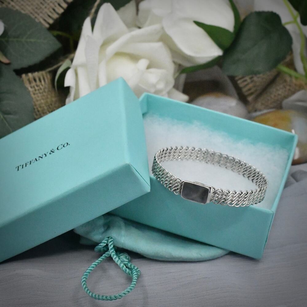 Vintage Tiffany & Co 1970s Sterling Silver S Link Wave Bracelet Box & Pouch 7"